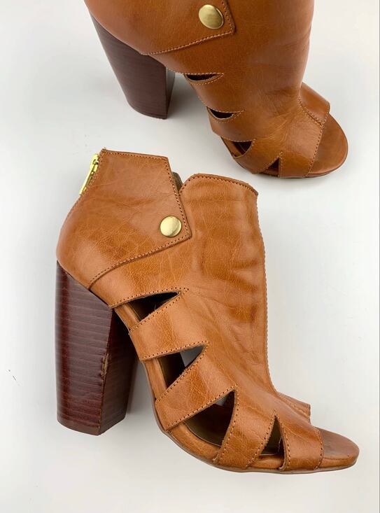 Kelsi Dagger Shoes - Kelsi Dagger Brooklyn KDB Peep Toe Ankle Boots Tan Leather Heels Women's 6.5